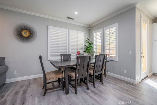 Dining room, Interior, Recessed Lighting, Wood Texture Flooring