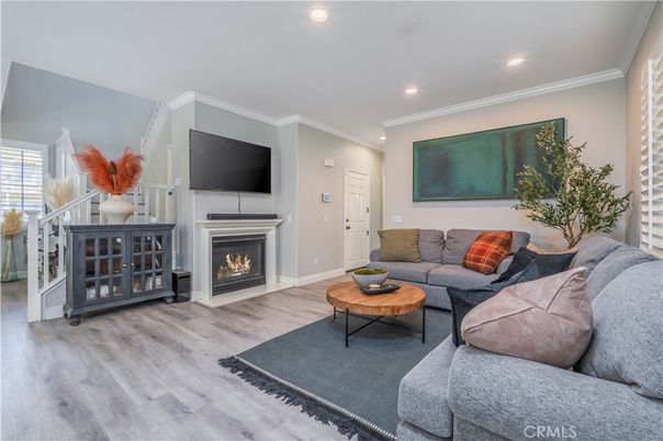 Fireplace, Interior, Living room, Recessed Lighting, Wood Texture Flooring