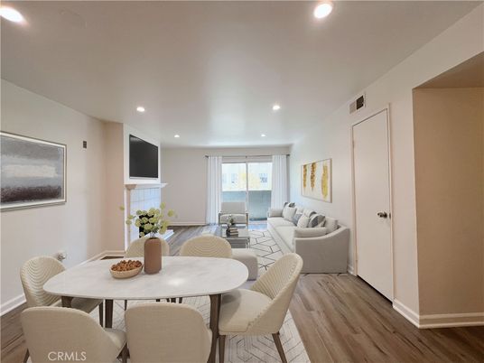 Dining room, Interior, Living room, Recessed Lighting, Wood Texture Flooring