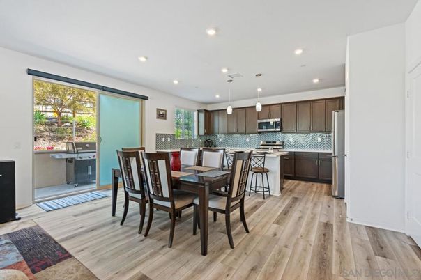 Dining room, Interior, Kitchen, Pendant Lights, Recessed Lighting, Stainless Steel Appliances, Wood Texture Flooring