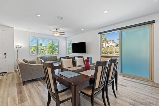 Dining room, Interior, Living room, Recessed Lighting, Wood Texture Flooring
