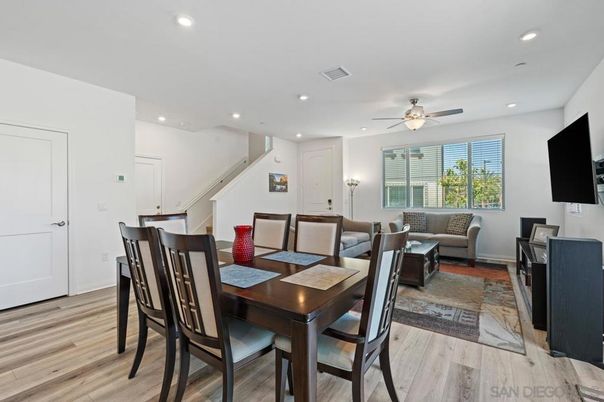 Dining room, Interior, Living room, Recessed Lighting, Wood Texture Flooring