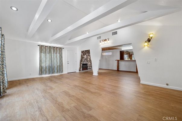 Empty room, Fireplace, Interior, Recessed Lighting, Wood Texture Flooring