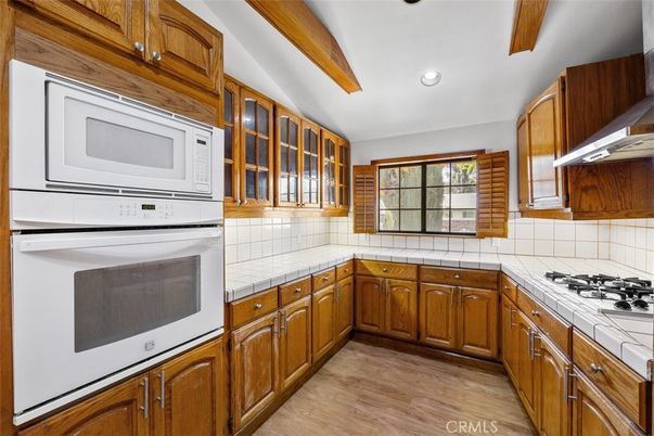 Interior, Kitchen, Recessed Lighting, Tile Countertops, Wooden Beams, Wood Texture Flooring