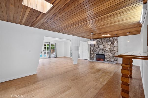 Empty room, Fireplace, Interior, Pendant Lights, Wooden Ceilings, Wood Texture Flooring