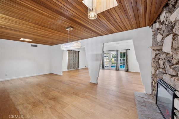 Empty room, Fireplace, Interior, Pendant Lights, Wooden Ceilings, Wood Texture Flooring