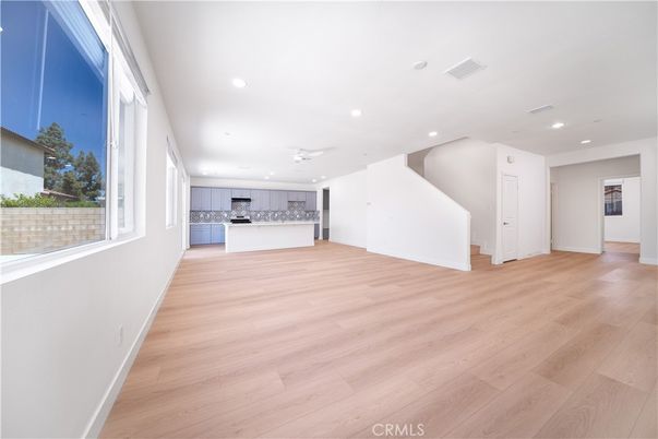 Empty room, Interior, Kitchen, Recessed Lighting, Wood Texture Flooring
