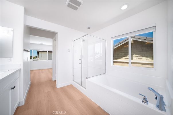 Bathroom, Glass Shower, Interior, Recessed Lighting, Wood Texture Flooring
