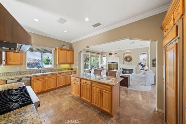 Fireplace, Interior, Kitchen, Living room, Recessed Lighting, Stainless Steel Appliances
