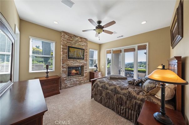 Bedroom, Fireplace, Interior, Recessed Lighting, Stone Walls
