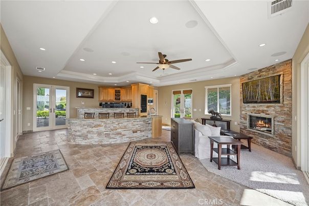 Fireplace, Interior, Kitchen, Living room, Recessed Lighting, Stone Walls