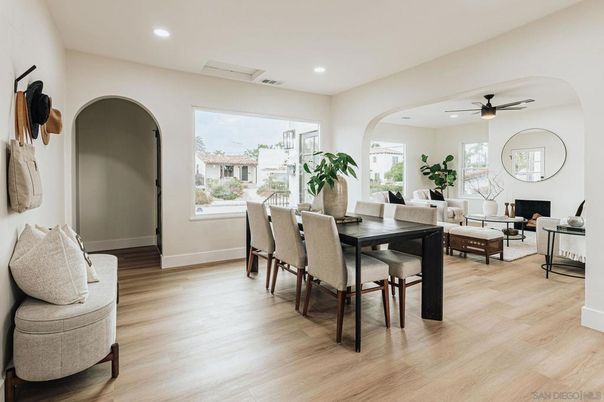 Dining room, Fireplace, Interior, Living room, Recessed Lighting, Wood Texture Flooring