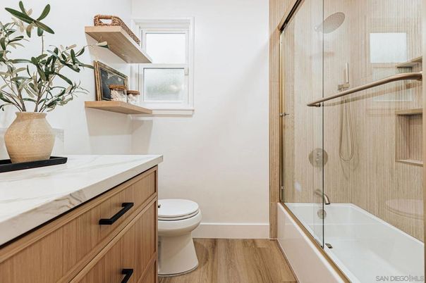 Bathroom, Glass Shower, Interior, Wood Texture Flooring