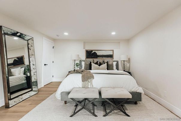 Bedroom, Interior, Recessed Lighting, Wood Texture Flooring