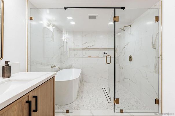 Bathroom, Free Standing Baths, Glass Shower, Interior, Marble Walls, Recessed Lighting