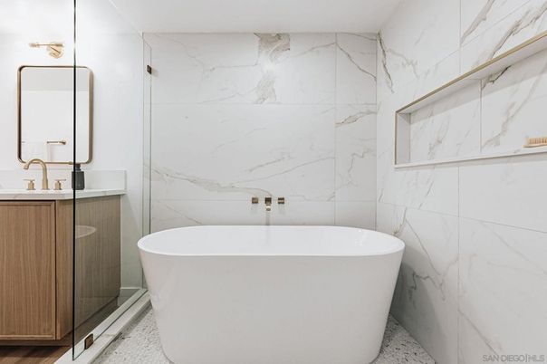Bathroom, Free Standing Baths, Glass Shower, Interior, Marble Walls