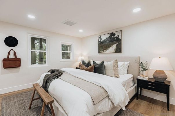 Bedroom, Interior, Recessed Lighting, Wood Texture Flooring