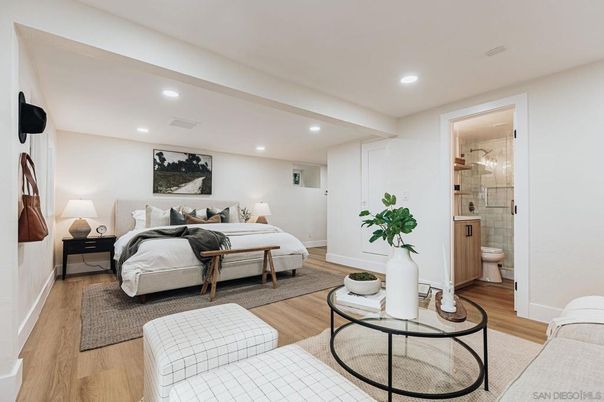 Bathroom, Bedroom, Glass Shower, Interior, Recessed Lighting, Wood Texture Flooring