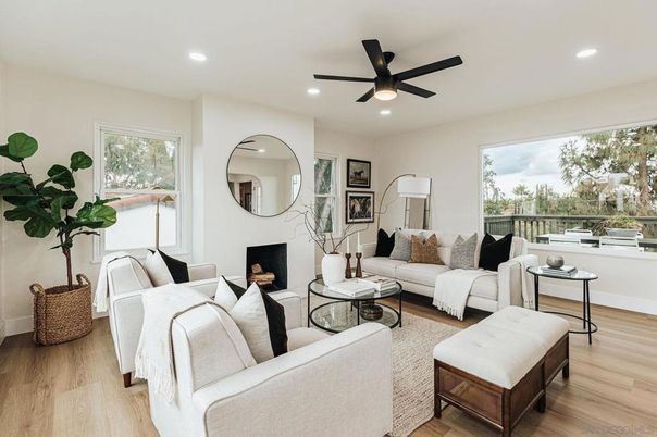 Fireplace, Interior, Living room, Recessed Lighting, Wood Texture Flooring