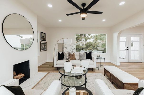 Fireplace, Interior, Living room, Recessed Lighting, Wood Texture Flooring