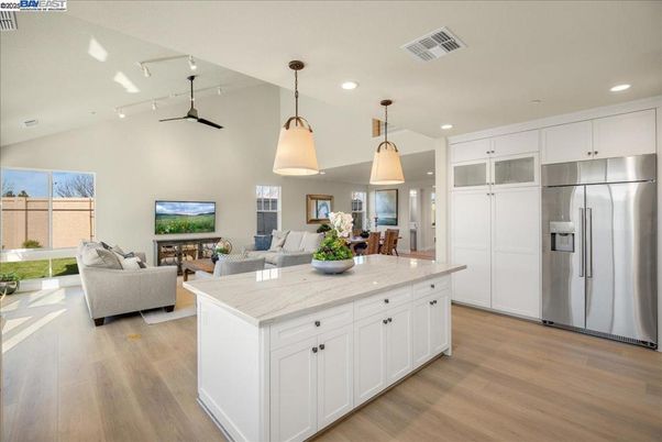 Interior, Kitchen, Living room, Pendant Lights, Recessed Lighting, Stainless Steel Appliances, Wood Texture Flooring