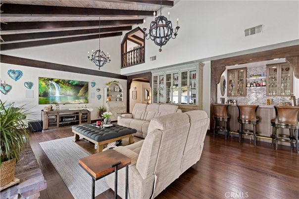 Chandelier, Interior, Living room, Wooden Beams, Wood Texture Flooring