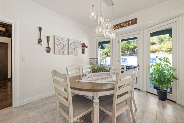 Dining room, Interior, Pendant Lights, Wood Texture Flooring