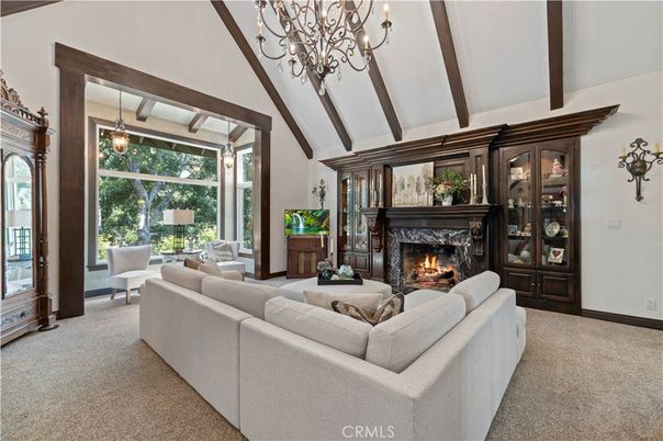 Chandelier, Fireplace, Interior, Living room, Pendant Lights, Wooden Beams