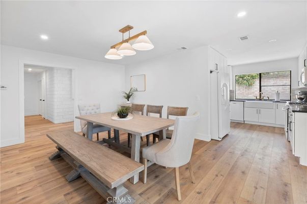 Dining room, Interior, Pendant Lights, Recessed Lighting, Wood Texture Flooring