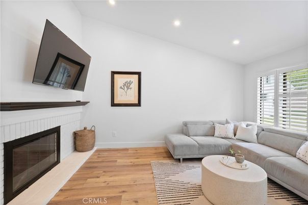 Fireplace, Interior, Living room, Recessed Lighting, Wood Texture Flooring
