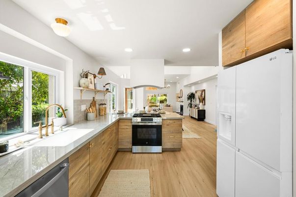 Interior, Kitchen, Recessed Lighting, Stainless Steel Appliances, Wood Texture Flooring