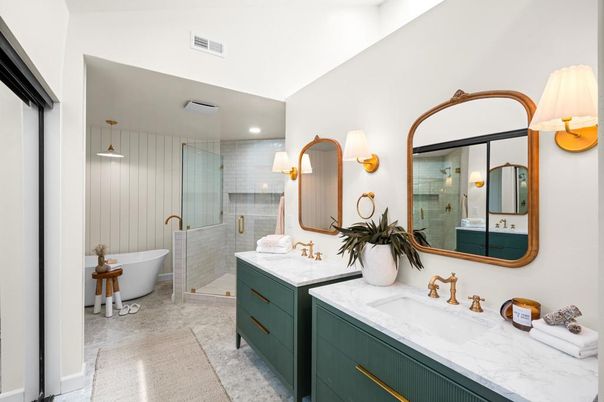 Bathroom, Dual Sink Vanities, Free Standing Baths, Glass Shower, Interior, Recessed Lighting