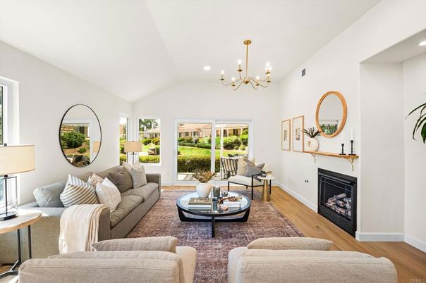 Chandelier, Fireplace, Interior, Living room, Recessed Lighting, Wood Texture Flooring