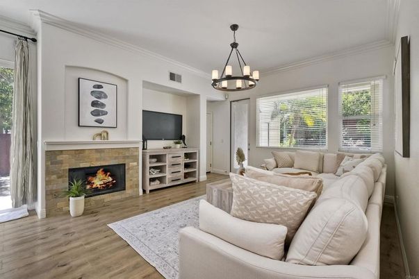 Fireplace, Interior, Living room, Pendant Lights, Wood Texture Flooring