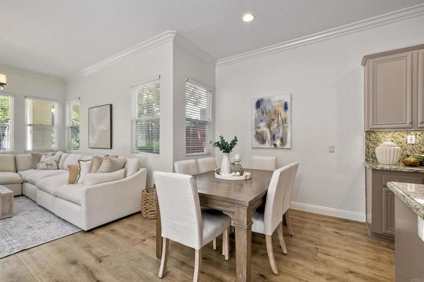 Dining room, Interior, Living room, Recessed Lighting, Wood Texture Flooring