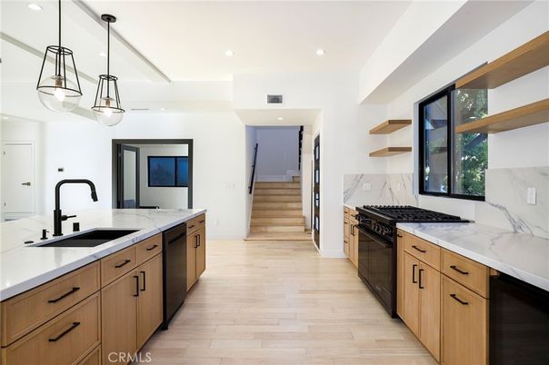Interior, Kitchen, Pendant Lights, Recessed Lighting, Stainless Steel Appliances, Wood Texture Flooring