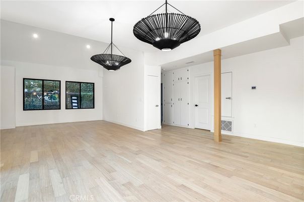 Empty room, Interior, Pendant Lights, Recessed Lighting, Wood Texture Flooring