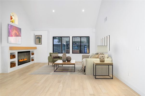 Fireplace, Interior, Living room, Recessed Lighting, Wood Texture Flooring