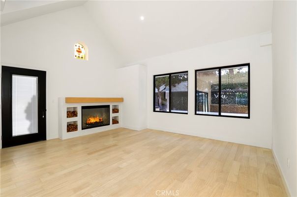 Empty room, Fireplace, Interior, Recessed Lighting, Wood Texture Flooring