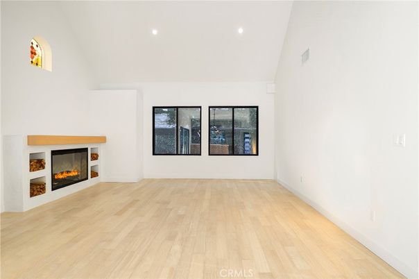 Empty room, Fireplace, Interior, Recessed Lighting, Wood Texture Flooring