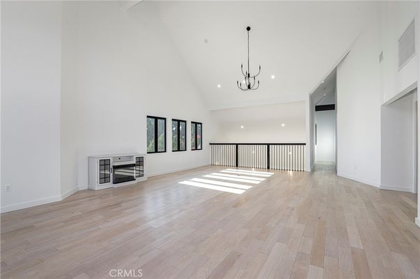 Chandelier, Empty room, Interior, Pendant Lights, Recessed Lighting, Wood Texture Flooring