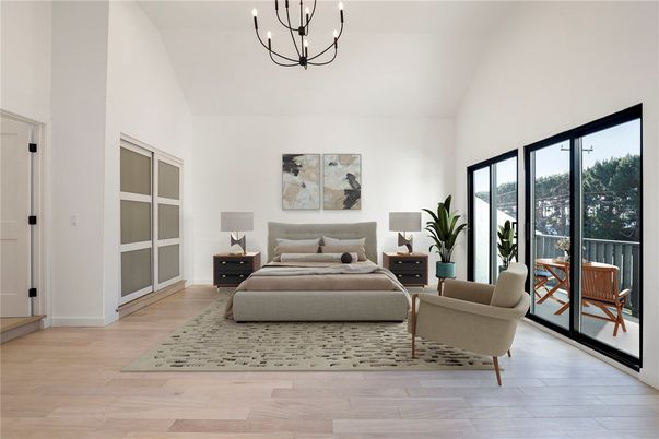 Bedroom, Chandelier, Interior, Wood Texture Flooring