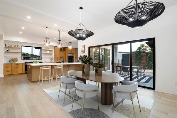 Dining room, Interior, Kitchen, Pendant Lights, Recessed Lighting, Wood Texture Flooring