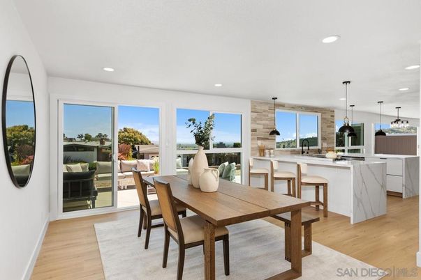 Dining room, Interior, Kitchen, Pendant Lights, Recessed Lighting, Wood Texture Flooring