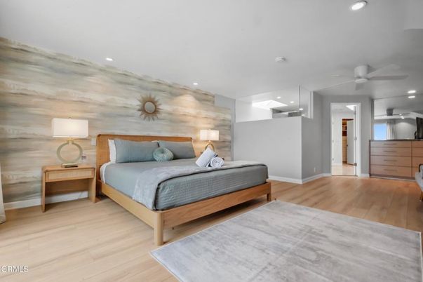 Bedroom, Interior, Recessed Lighting, Wood Texture Flooring, Wooden Walls