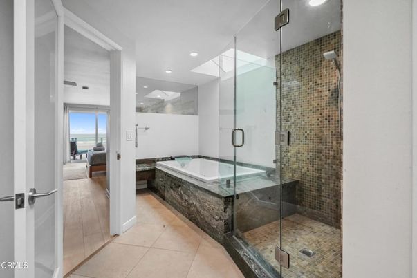 Bathroom, Bedroom, Glass Shower, Interior, Recessed Lighting, Wood Texture Flooring