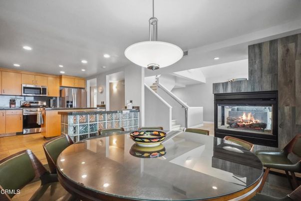 Dining room, Fireplace, Interior, Kitchen, Pendant Lights, Recessed Lighting, Stainless Steel Appliances
