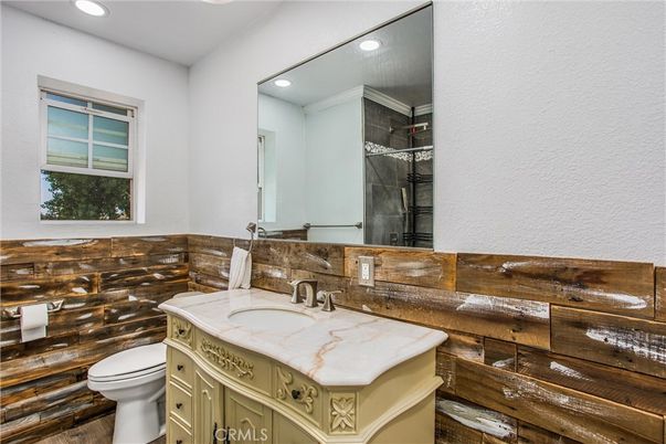 Bathroom, Interior, Recessed Lighting, Wood Texture Flooring, Wooden Walls