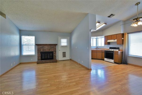 Empty room, Fireplace, Interior, Kitchen, Wood Texture Flooring