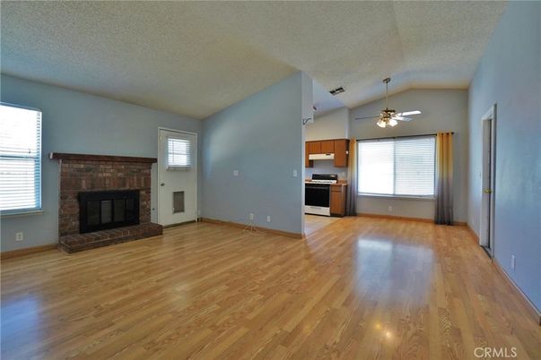 Empty room, Fireplace, Interior, Kitchen, Wood Texture Flooring